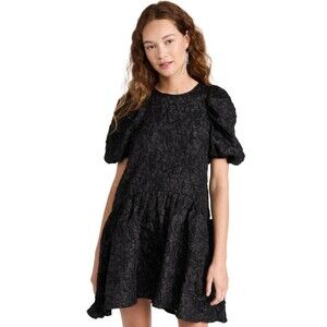 Endless Rose Women Dress Black Mini Textured Puff Sleeve Drop Waist Casual Small